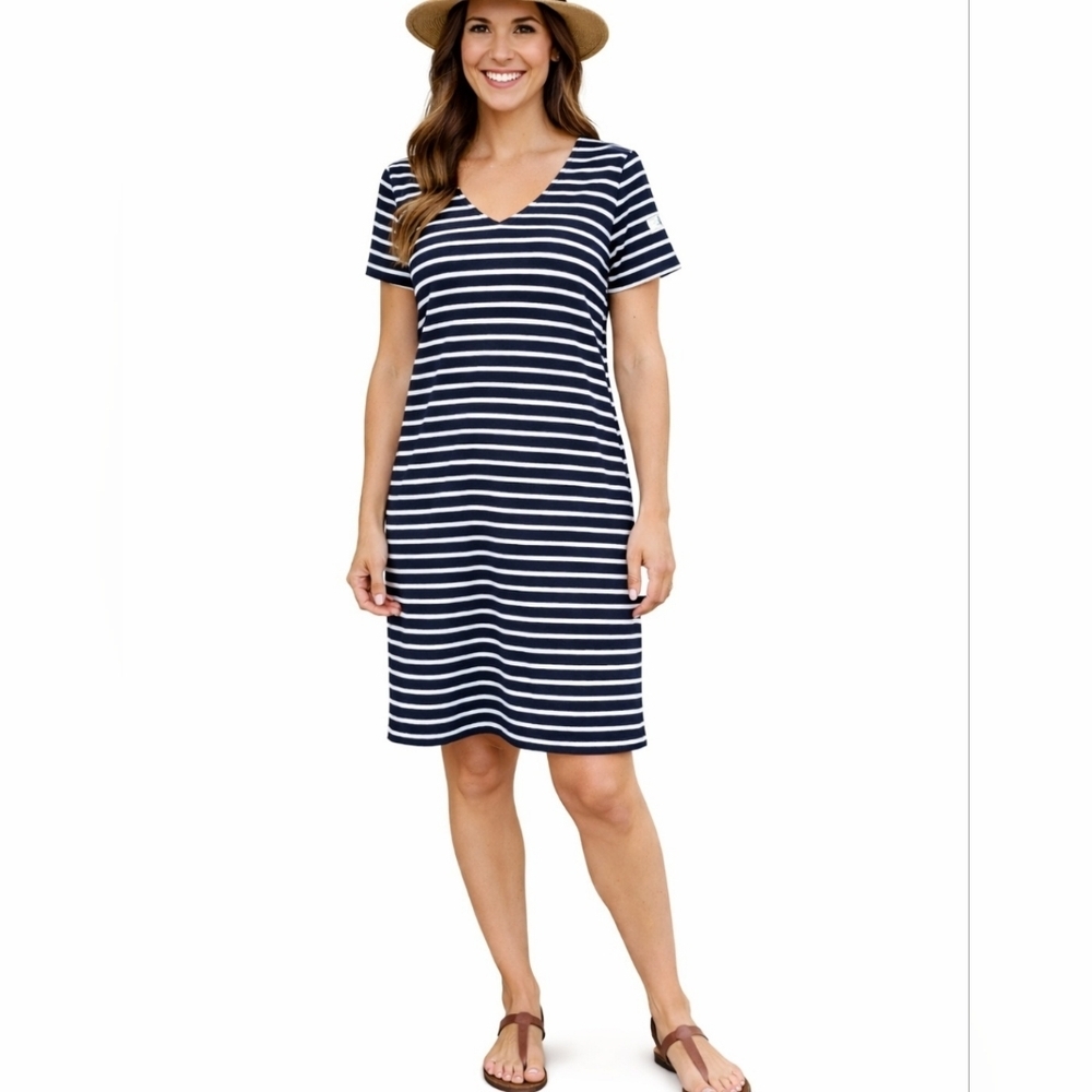 Joules Nautical Stripe T-Shirt Dress Women SZ 10 Navy/white VNeck Casual Resort